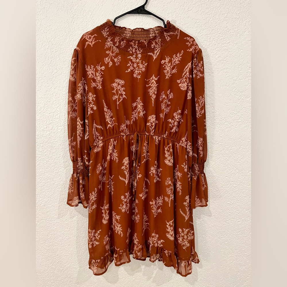 SHEIN Rust Floral Midi Dress with Long Sleeves